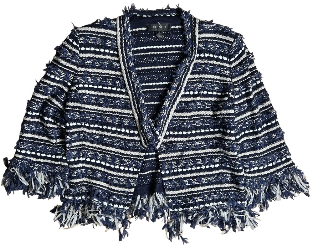 St. John Cardigan Womens M Blue Striped Chunky-Knit Fringe Open 3/4 Sleeve